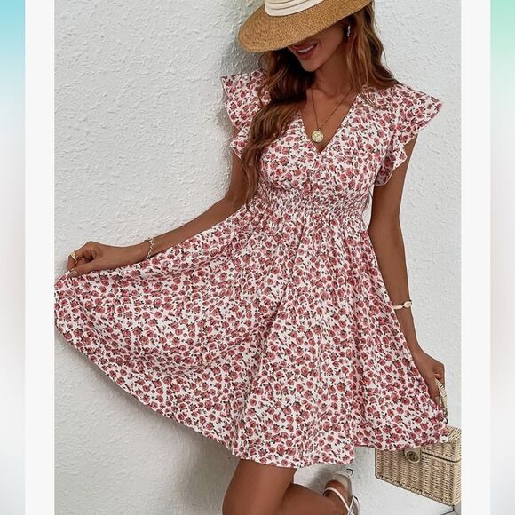 SHEIN M White Pink Rose Floral Faux Wrap Flutter Sleeve A-Line Dress - Picture 5 of 14